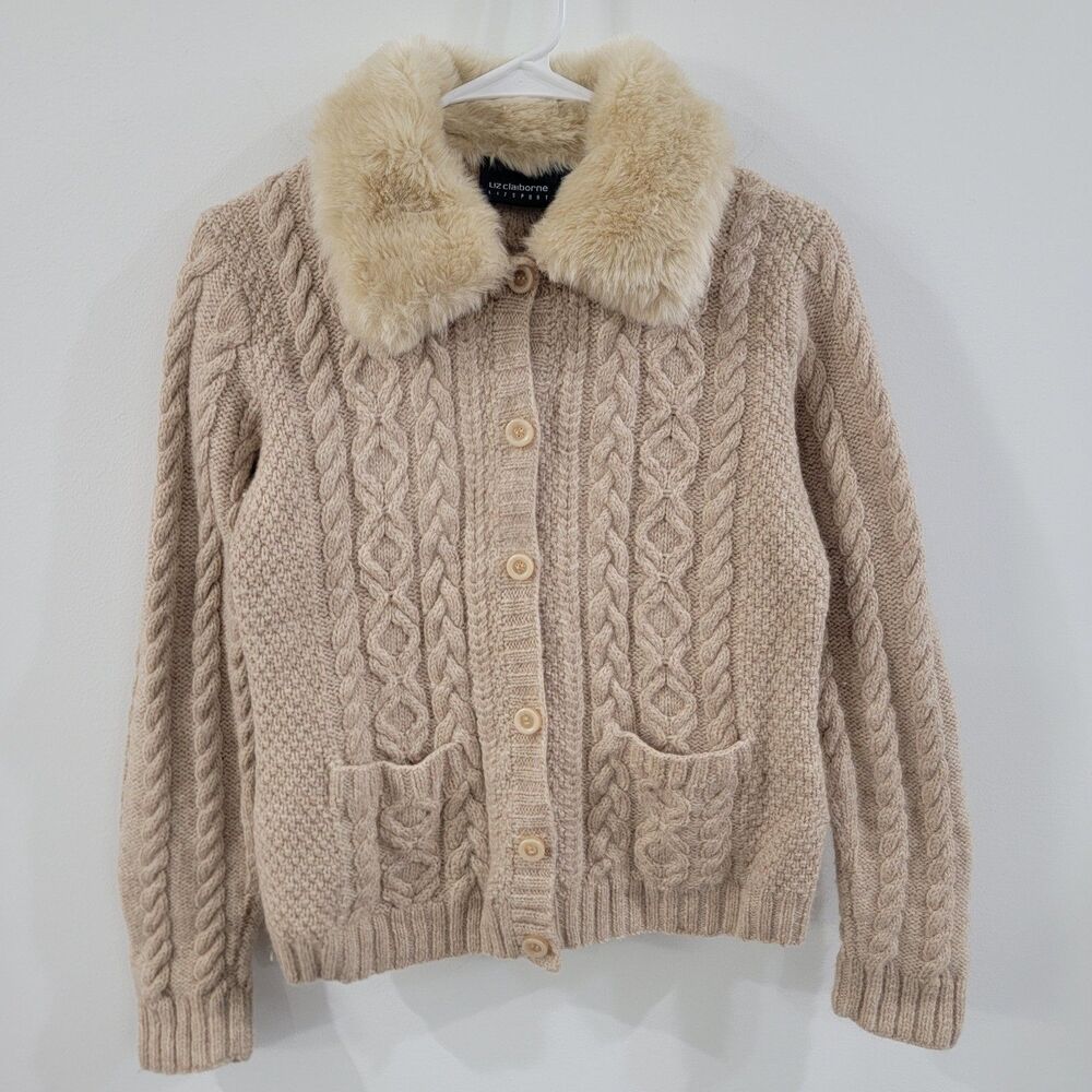 Liz Claiborne Cream Cable Knit Cardigan with Faux Fur Collar